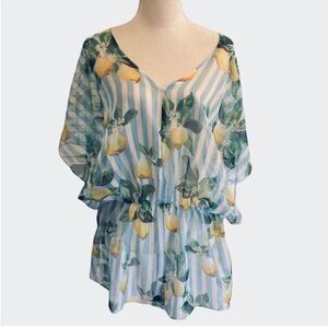 West Loop Blue And White Stripe Lemon Print Swim Coverup, One Size, New